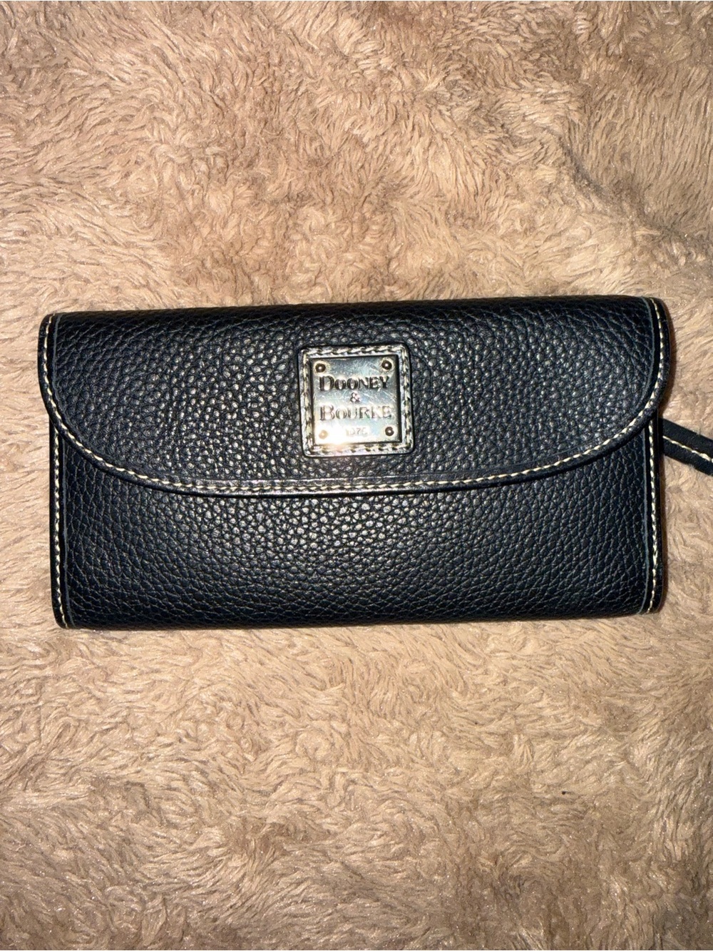 Dooney & Bourke Black Pebbled Leather Continental Wallet with Silver Plate